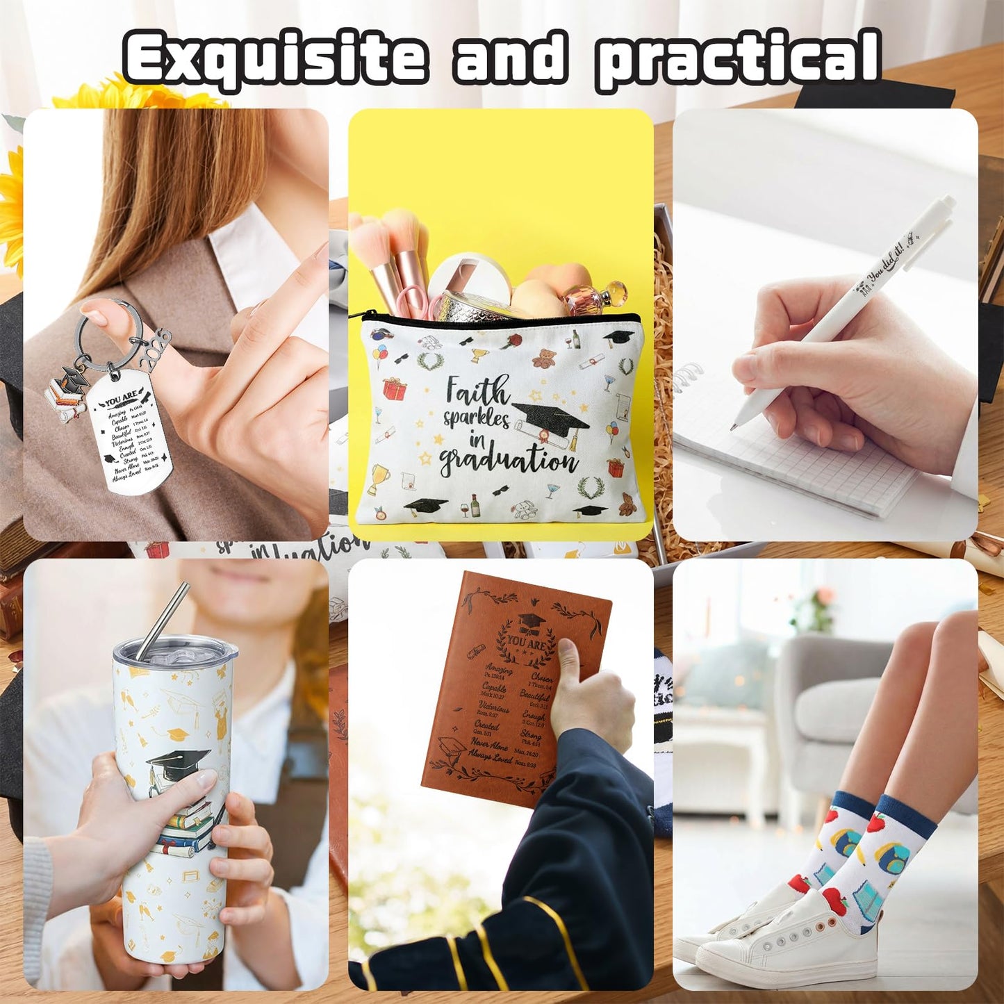 Patelai 6 Pcs 2026 Christian Graduation Gifts Set Congrats Grad Gift Basket for College High School Bible Verse Graduation Gift with Tumbler Keychain Makeup Bag Notebook Pen Sock for Graduates Her Him