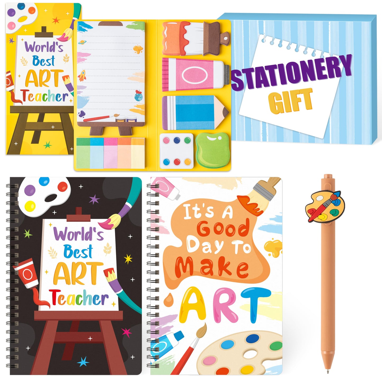 B1ykin Teacher Appreciate Stationery Gift Set - 3Pcs It's a Good Day To Make Art A5 Spiral Notebook & 550 Sheets Sticky Notes with Pen, Back to School Gift with Box for School Office (Art Teacher)