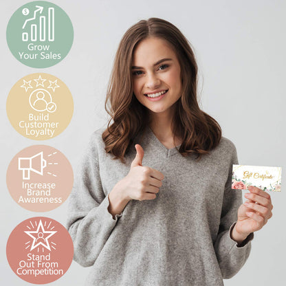 Zonon 100 Pcs gift certificates for business Blank Present Certificate Double Sided Floral Gold Foil Customer Client Paper Voucher Cards for Birthday, Spa, Work Business Present Card, 4.8 x 2.4 Inch