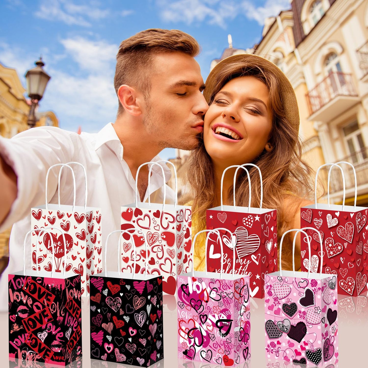 KIPETTO Valentines Gift Bags 12Pcs Valentines Day Paper Bags with Handles Love Heart Shaped Treat Goodies Bag for Valentines Day Party Favors Class Baggies Pouch