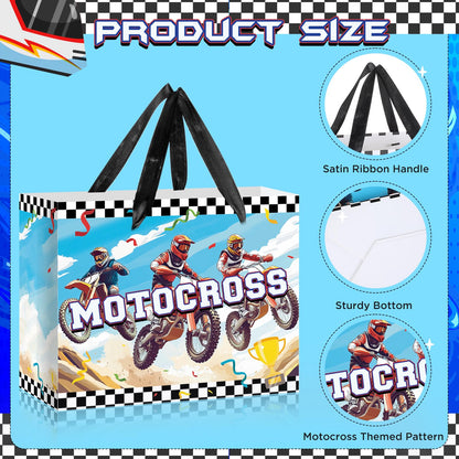 Woosytoo Dirt Bike Gift Bag for Boys Motocross Birthday Wrapping Bag with Tissue Paper and Card Motorcycle Birthday Decorations for Baby Shower Dirt Bike Theme Party Bday Funny Games Party Supplies