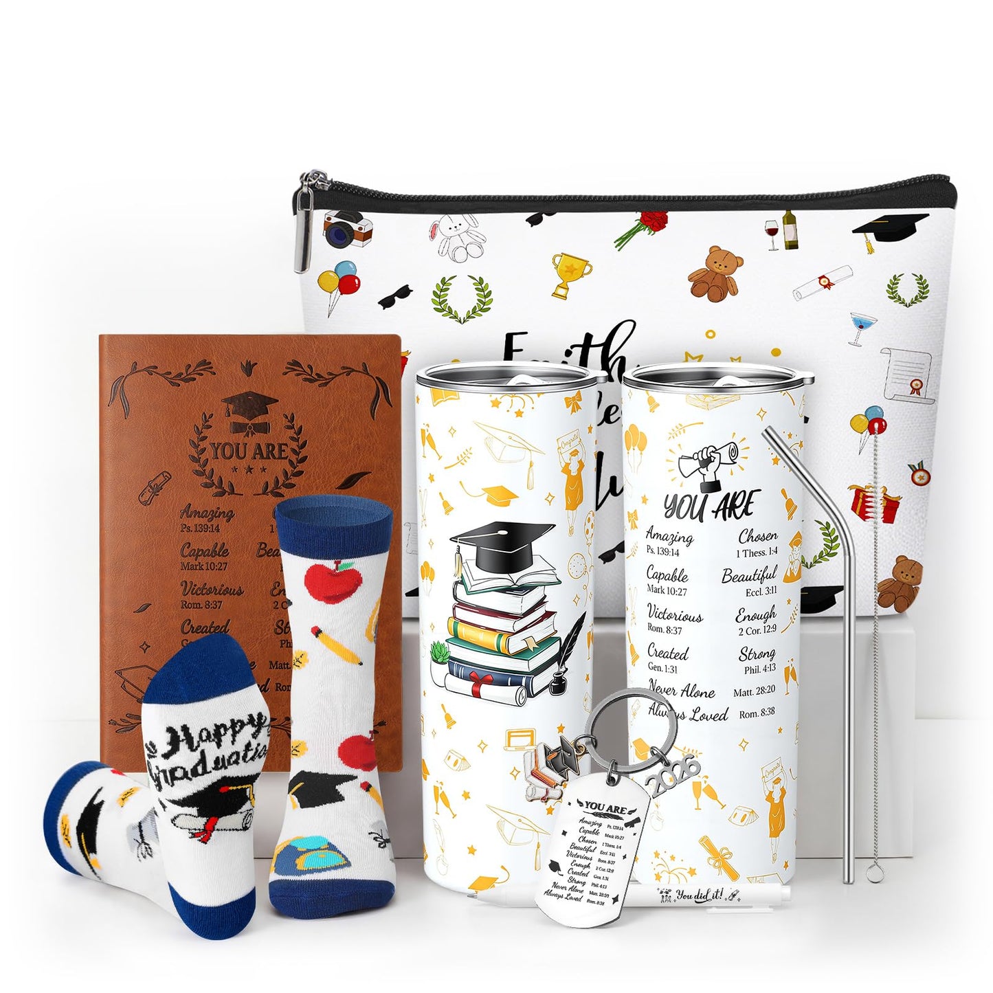 Patelai 6 Pcs 2026 Christian Graduation Gifts Set Congrats Grad Gift Basket for College High School Bible Verse Graduation Gift with Tumbler Keychain Makeup Bag Notebook Pen Sock for Graduates Her Him