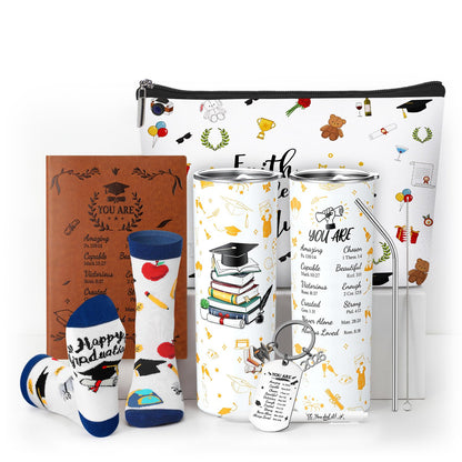Patelai 6 Pcs 2026 Christian Graduation Gifts Set Congrats Grad Gift Basket for College High School Bible Verse Graduation Gift with Tumbler Keychain Makeup Bag Notebook Pen Sock for Graduates Her Him