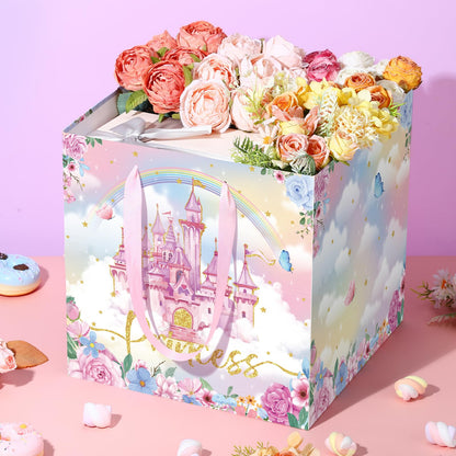 Extra Large Princess Gift Bag for Girls, Pink Castle Party Favors Bag with 6Pcs Tissue Paper Jumbo Flower Floral Gifts Bag with Handles Princess Wrapping Paper Bags for Birthday, Wedding, Baby Shower