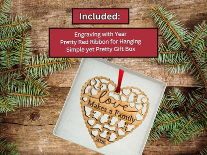 2026 Adoption Ornament in Laser Cut Wood - Love Makes A Family - Gotcha Day Gift, Great for Family or Blended Ideas, Comes in a Gift Box