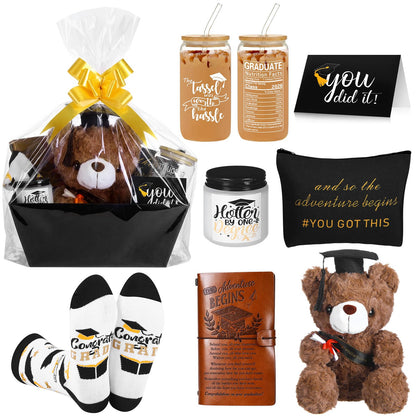 Baderke 8 Pcs 2026 Graduation Gifts Set for Her Congrats Grad Gift Basket Contents Plush Bear Notebook Glasses Cup Makeup Bag Scented Candle Socks Gift Card Graduated Favors for High School College