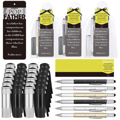 30 Sets Man of God Fathers Day Pocket Flashlight Gift for Church Christian Mini Pocket Flashlight Gift Metal 6 in 1 Pen with Bookmark Bible Card Storage Bags Thank You Present for Dad Husband