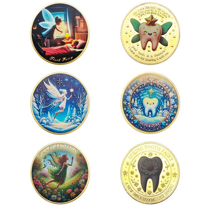 6 Pcs Printed Tooth Fairy Coin, Lucky Coin Gift for Lost Tooth Kids, Children's Teeth Changing Commemorative Gift, Reward Coin Art Collection