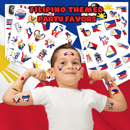 96 PCS Philippines Flag Temporary Tattoos for Kids - Pre-Cut Filipino Sun & Stars Fake Tattoo Stickers for Birthday Party Favors, Carnival Rewards & Pride Decorations, Gifts For Boys Girls