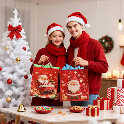 Rusikia 12 Christmas Gift Bags with 12 Tissues and 1 Satin Ribbon, Red Party Favor Bags Bulk with Handles, Glittery Cute Tree Father Christmas Paper Bag for Wrapping Holiday (Large 16"x12"x5")