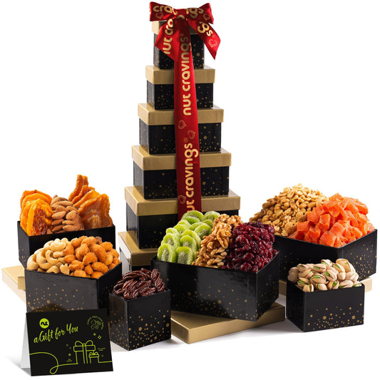 NUT CRAVINGS - Fathers Day Treats, Gift For Dad, Dried Fruit & Mixed Nuts Gift Basket, Black Tower + Heart Ribbon (12 Assortments) Food Arrangement, Healthy Snack Care Package, Kosher