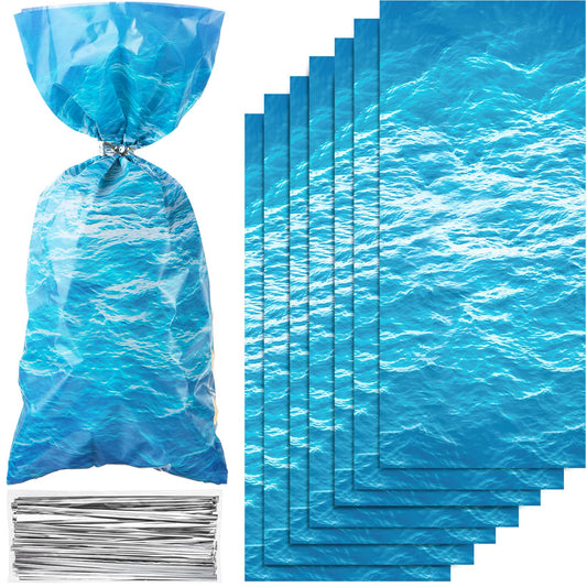 Pajean 100 Pieces Ocean Waves Cellophane Treat Bags Under the Sea Blue Ocean Party Goodie Candy Bag with 100 Twist Ties for Beach Pool Birthday Summer Mermaid Party Decoration Baby Shower Supplies