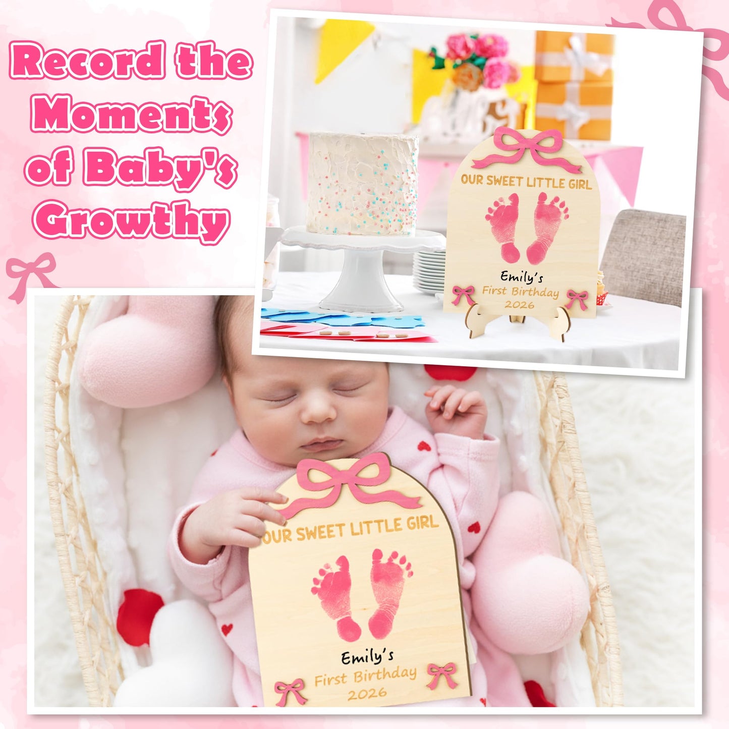 R HORSE 3D Pink Bow Baby's First Birthday DIY Footprint or Handprint Art Sign, Our Sweet Little Girl Wooden Hanging Decoration, Newborn Keepsake Gift for Baby Girl 1st Birthday Baby Shower Photo Prop
