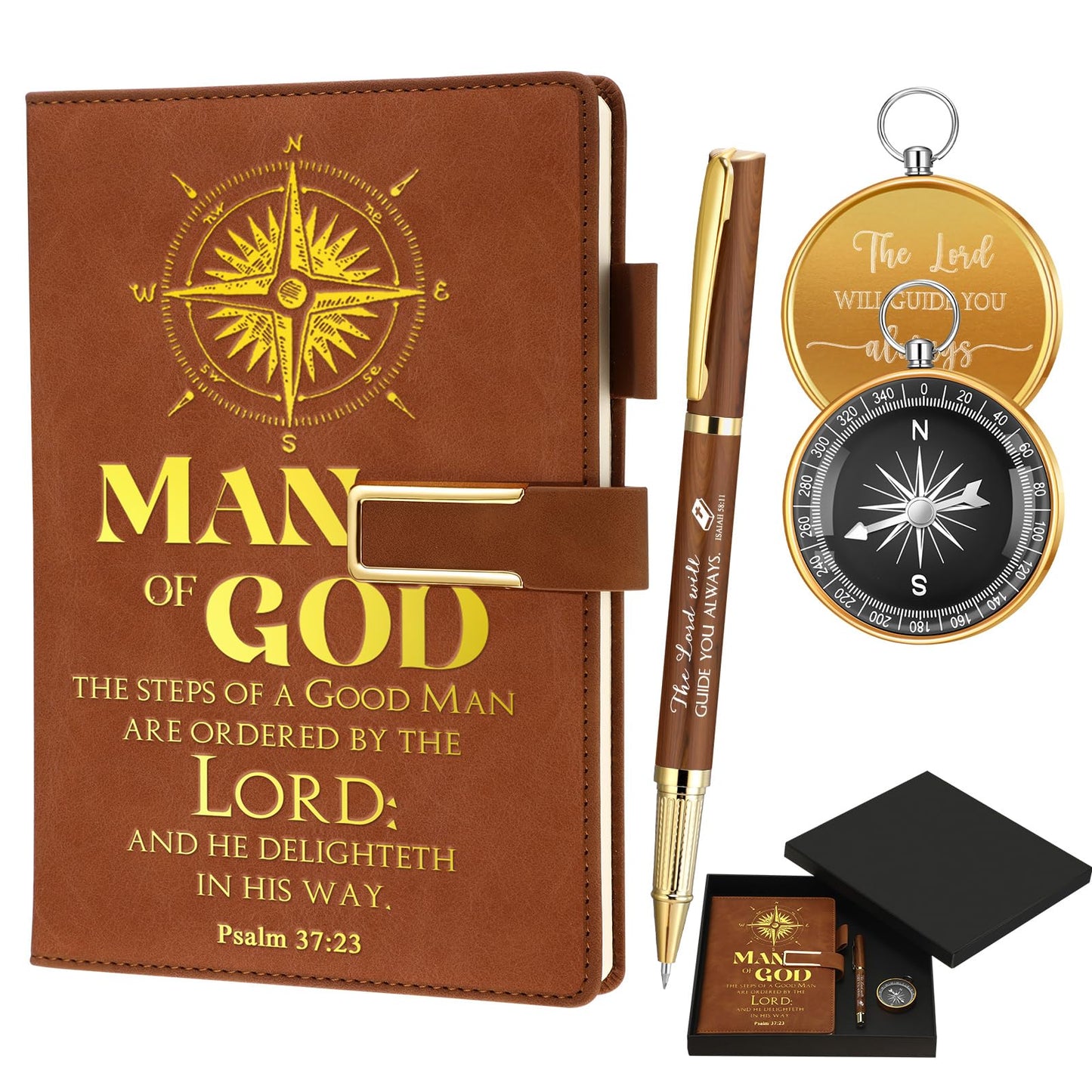 Fuyoooo 4 Pcs Pastors Appreciation Gifts Pastors Father's Day Christian Gifts Include Man of God Pastor Leather Journal Notebook Christian Pen Religious Compass with Gift Box for Church
