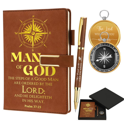 Fuyoooo 4 Pcs Pastors Appreciation Gifts Pastors Father's Day Christian Gifts Include Man of God Pastor Leather Journal Notebook Christian Pen Religious Compass with Gift Box for Church