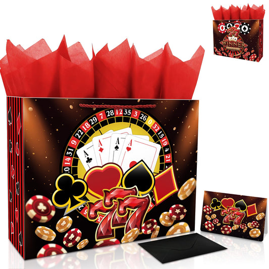 Xustanina 13" Large Casino Birthday Gift Bag (Includs Card, Tissue Paper, Envelope and Stickers), Poker-Themed Gift Bag, Las Vegas Birthday Party Supplies for Men and Women