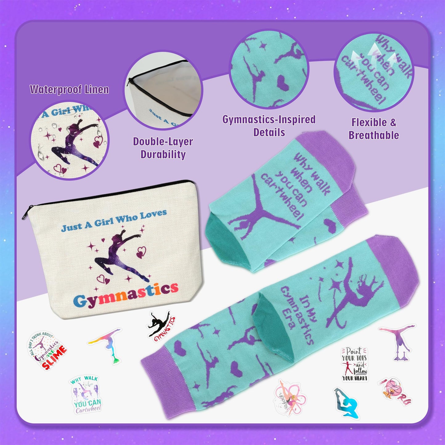 Gymnastics Gifts for Girls - Gymnastics Water Bottle, Cosmetic Bag, Necklace, Scrunchie, Socks, 50 Pcs Stickers - Gymnastics Party Favors for Girls, Birthday Gifts for Gymnastics Lovers