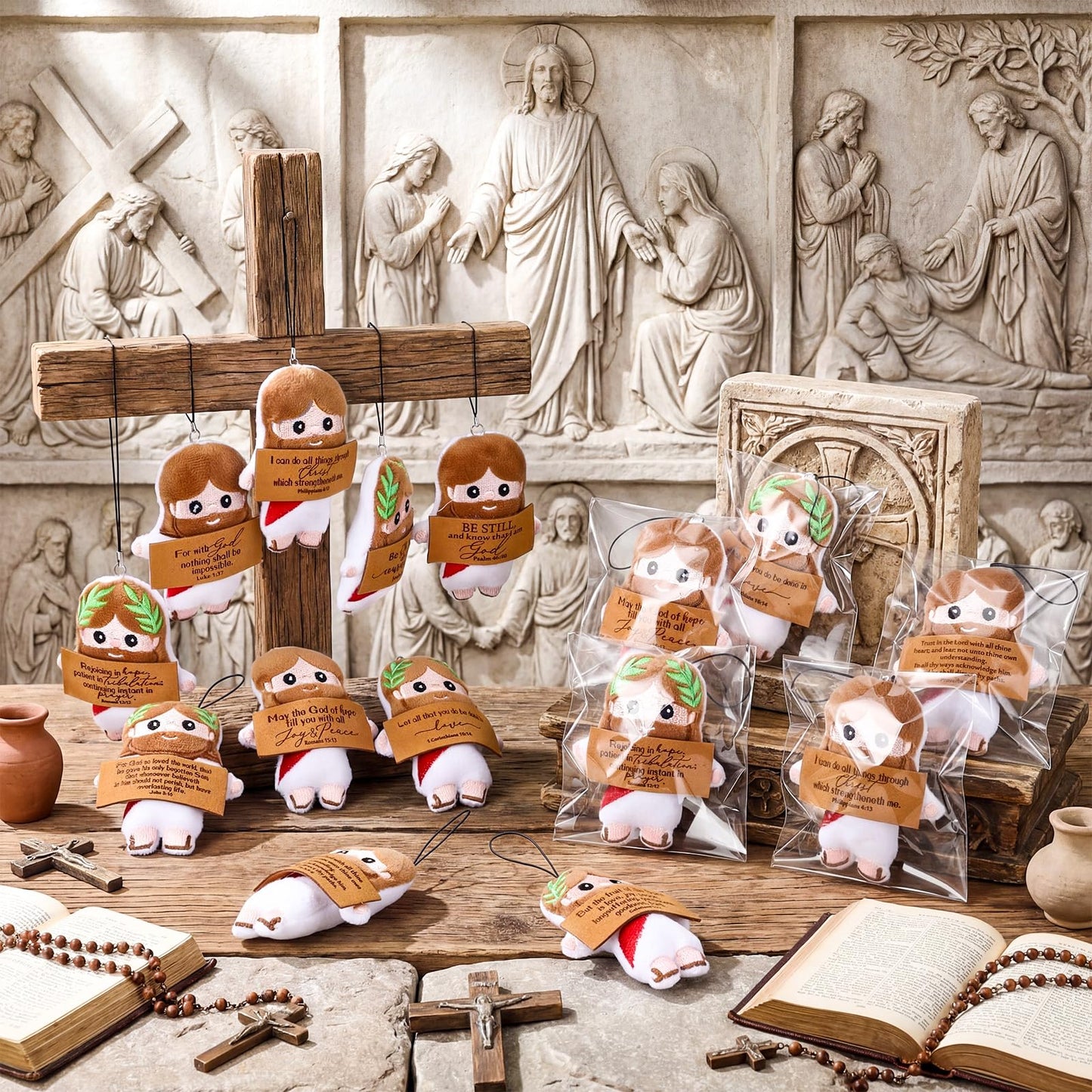Newwiee 30 Positive Jesus Gift Plush Bulk Christian Gifts for Church Pendant Savior Religious Keychain with Inspirational Card for Sunday School Bible Study Group Baptism Party Favors Women Men