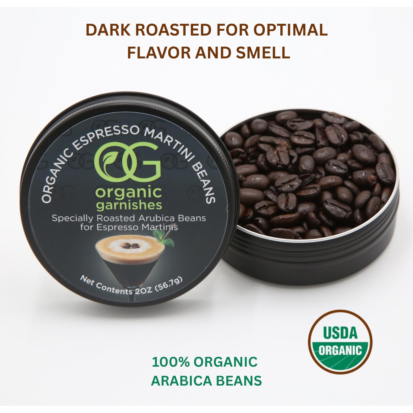 ORGANIC ESPRESSO MARTINI BEANS - MARTINI GARNISH FOR COCKTAILS - EDIBLE DARK ROAST ESPRESSO BEANS - OG ORGANIC GARNISHES - CRAFT COCKTAIL - HOME BARTENDER - MIXOLOGY - 2oz TIN