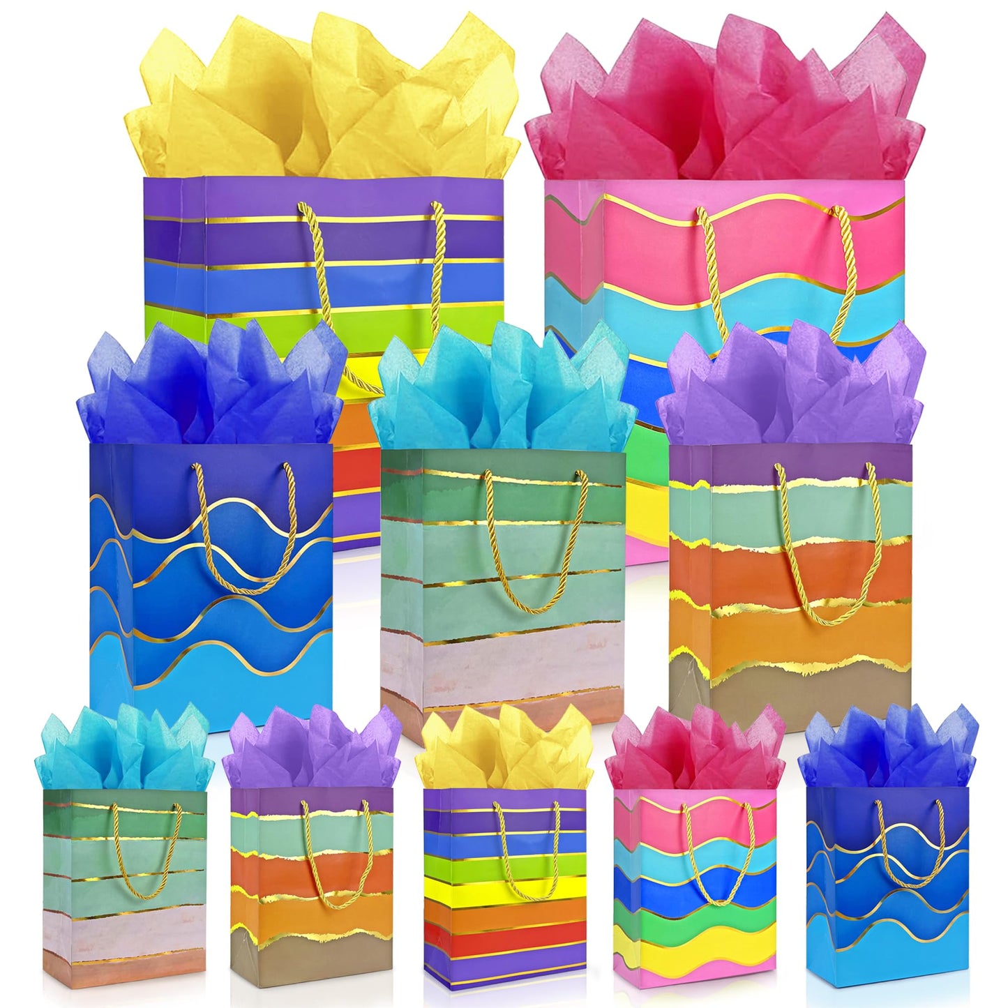 MUMULULU Gift Bags Assorted Sizes and Designs with Handle and Tissue Paper Birthday Gift Bags Rainbow for Birthday Bag Party Baby Shower Wedding Holiday Presents (Striped, 10)
