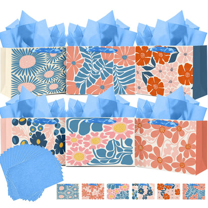 qiqee Medium Paper Gift Bags with Tissue Paper Handles 6PCS Winter Flowers Cardboard Floral Gift Bags for Women Mom Grandma Party Supply (6PCS Bags+Tissue Paper)