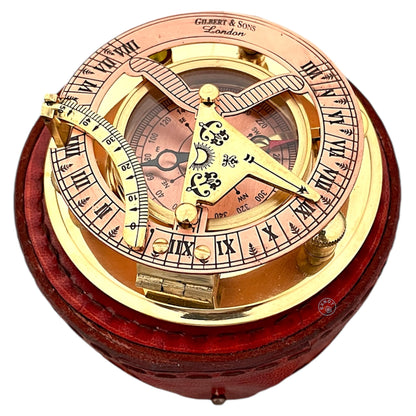 Antique Brass & Copper Sundial Compass, Sundial Clock in Box Gift Sun Clock Ship Replica Watch