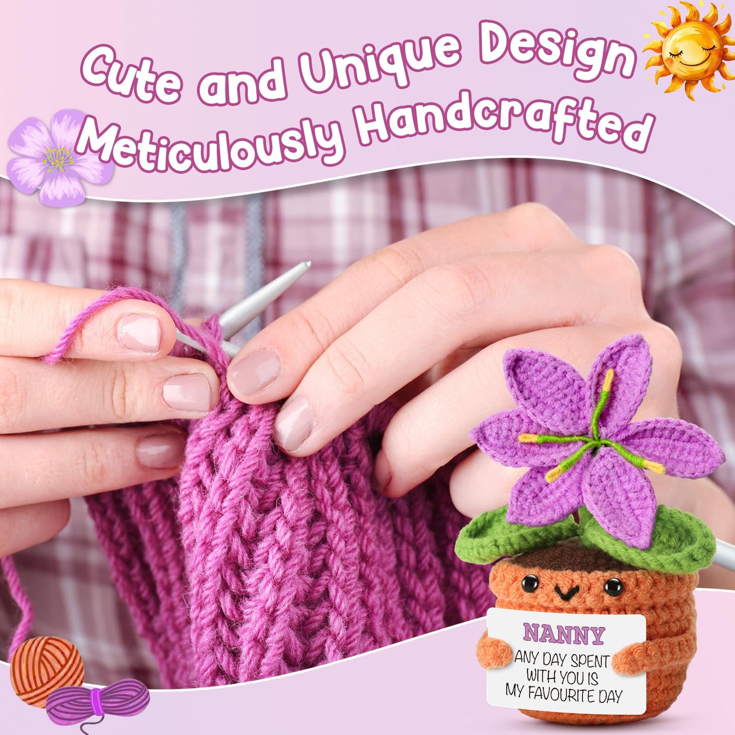 Gifts for Nanny from Granddaughter, Grandson - Sentimental Crochet Flower with Heartfelt Message - Unique Mothers Day, Birthday, for Grandma - Cute Keepsake & Home Décor