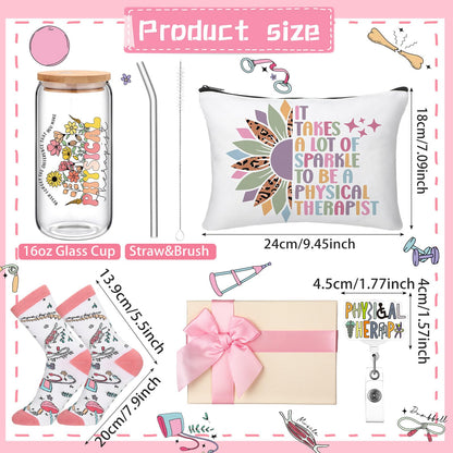 Skylety 5 Pcs Physical Therapy Gifts for Women 16 oz Glass Cup Socks Cosmetic Bag Badge Holder PT Appreciation Gift Box for Coworker Physical Therapist Gift Graduation Birthday