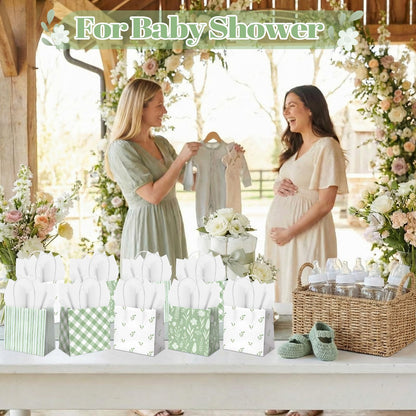 Silkfly 24 Pack Mini Sage Green Gift Bags with Handles & Tissue Paper Small Spring Floral Flower Candy Goodie Bag for Women Baby Shower Tea Party Bridesmaid Birthday Wedding Supplies, 5x5x3 Inch