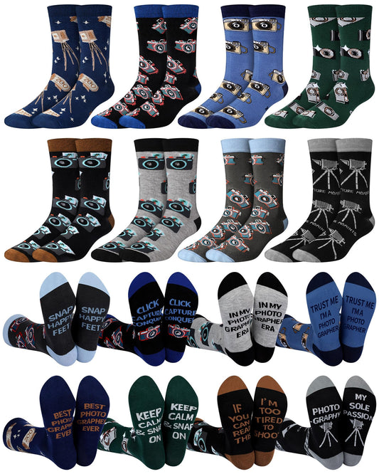 Glitopper 8 Pairs Novelty Photography Gifts Socks for Men Funny Camera Crew Socks Birthday Father's Day Gift for Photograph Lovers