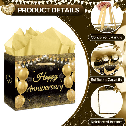 GOLDCROW Black Gold Anniversary Party Gift Bag with Tissue Papers and Card, Large Wedding Anniversary Paper Gift Wrapping Paper Bag for Men Women Anniversary Party, Wedding Party Supplies
