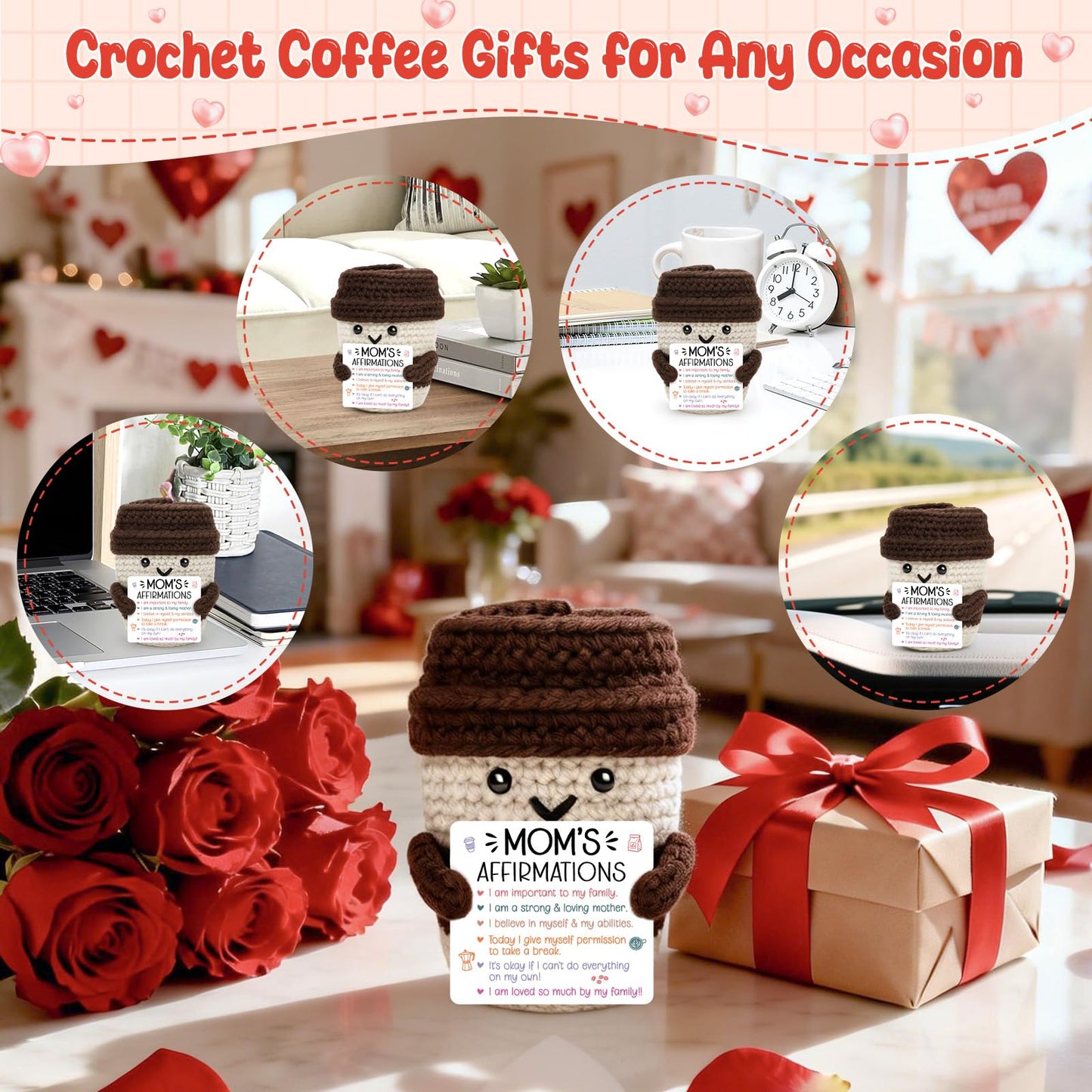 Agantree art Birthday Mom Gifts from Daughter Son Best Mom Affirmations Gifts for Mama Bonus Step Moms Mother Handmade Crochet Coffee Mug I Love You Gifts for Mom Positive Cute Small Decor