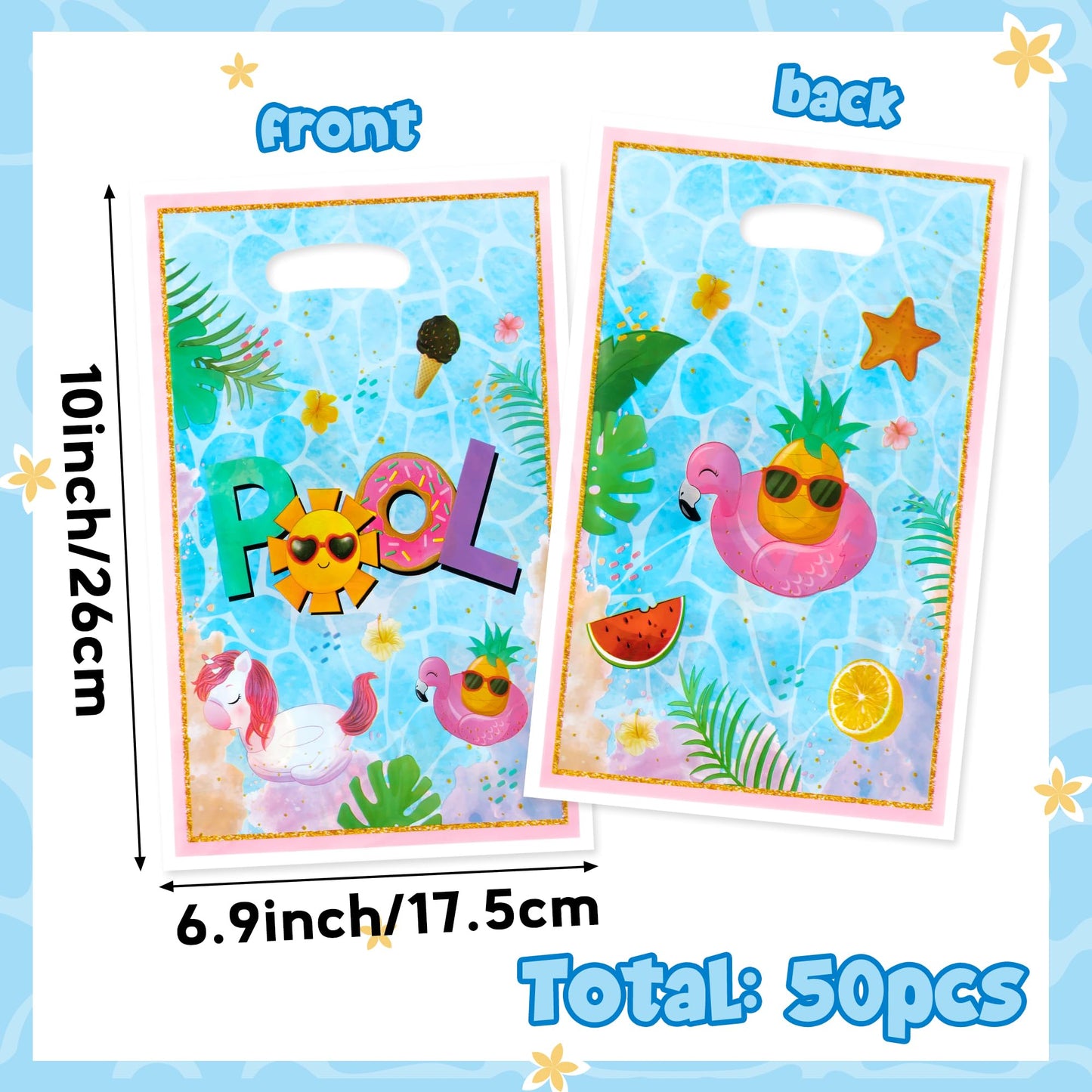 50Pcs Summer Pool Party Favor Bag - Poolside Party Flamingo Plastic Waterproof Goodie Bag Beach Ball Party Rectangular Gift Bags for Kids Birthday Baby Shower Decoration Party Favors Supplies