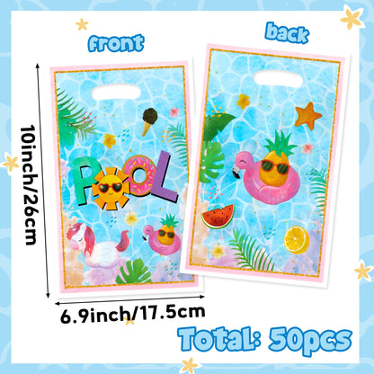 50Pcs Summer Pool Party Favor Bag - Poolside Party Flamingo Plastic Waterproof Goodie Bag Beach Ball Party Rectangular Gift Bags for Kids Birthday Baby Shower Decoration Party Favors Supplies