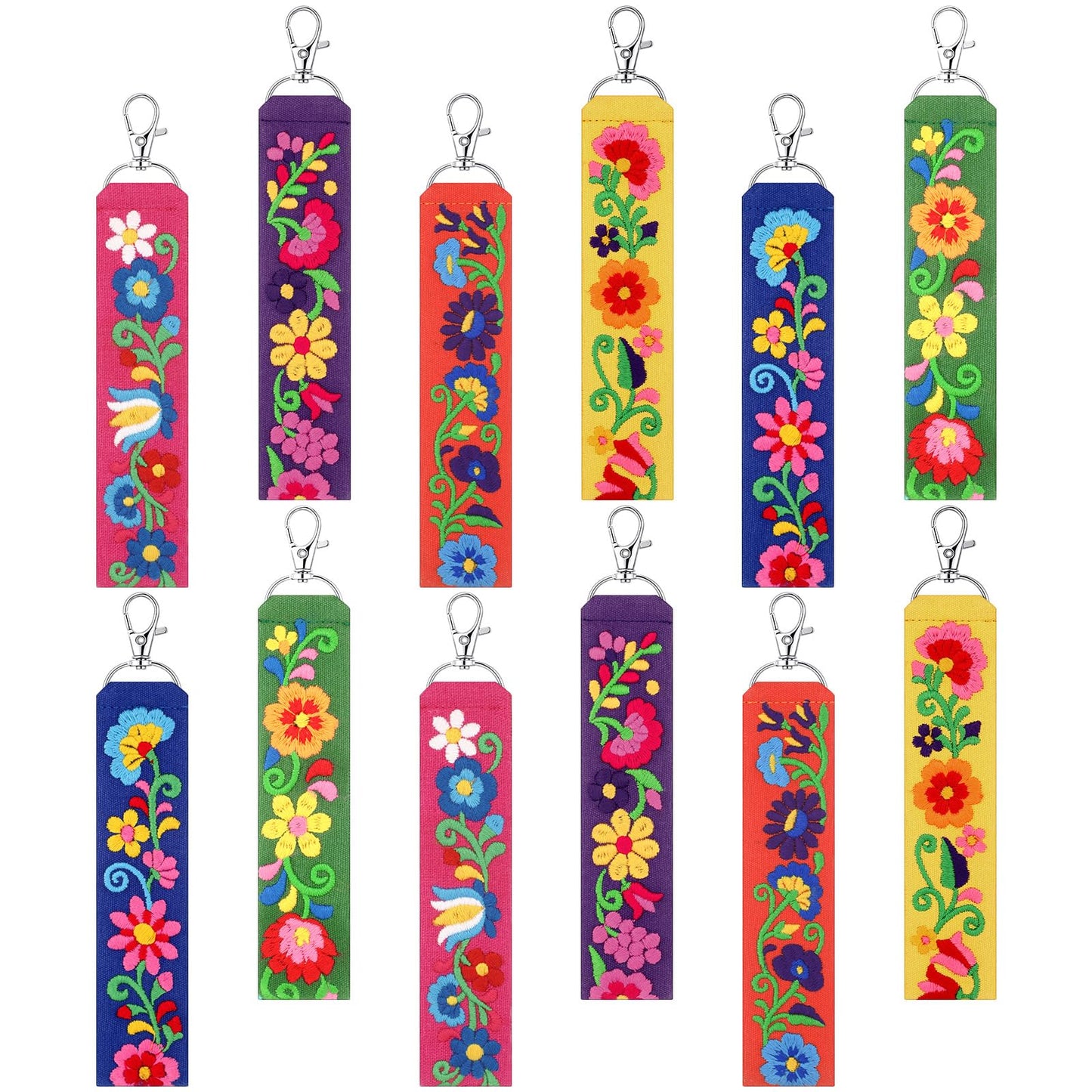 Kigeli 12 Pcs Mexican Floral Embroidery Keychain Set, Vibrant Color Polyester Fabric Keychain & Zipper Pull, Mexican Gift for Women Men, Day of The Dead, Purse Backpack Car Keys
