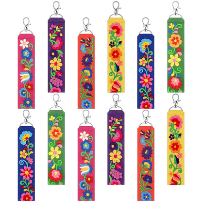 Kigeli 12 Pcs Mexican Floral Embroidery Keychain Set, Vibrant Color Polyester Fabric Keychain & Zipper Pull, Mexican Gift for Women Men, Day of The Dead, Purse Backpack Car Keys
