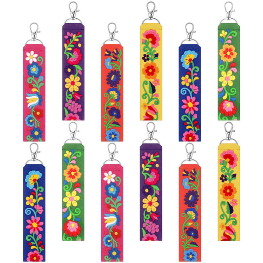 Kigeli 12 Pcs Mexican Floral Embroidery Keychain Set, Vibrant Color Polyester Fabric Keychain & Zipper Pull, Mexican Gift for Women Men, Day of The Dead, Purse Backpack Car Keys
