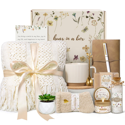Birthday Gifts for Women, Get Well Soon Self Care Package Box, Sending Hug Baskets Thinking of You Inspirational Gift for New Mom Best Friend Birthday (Ivory)