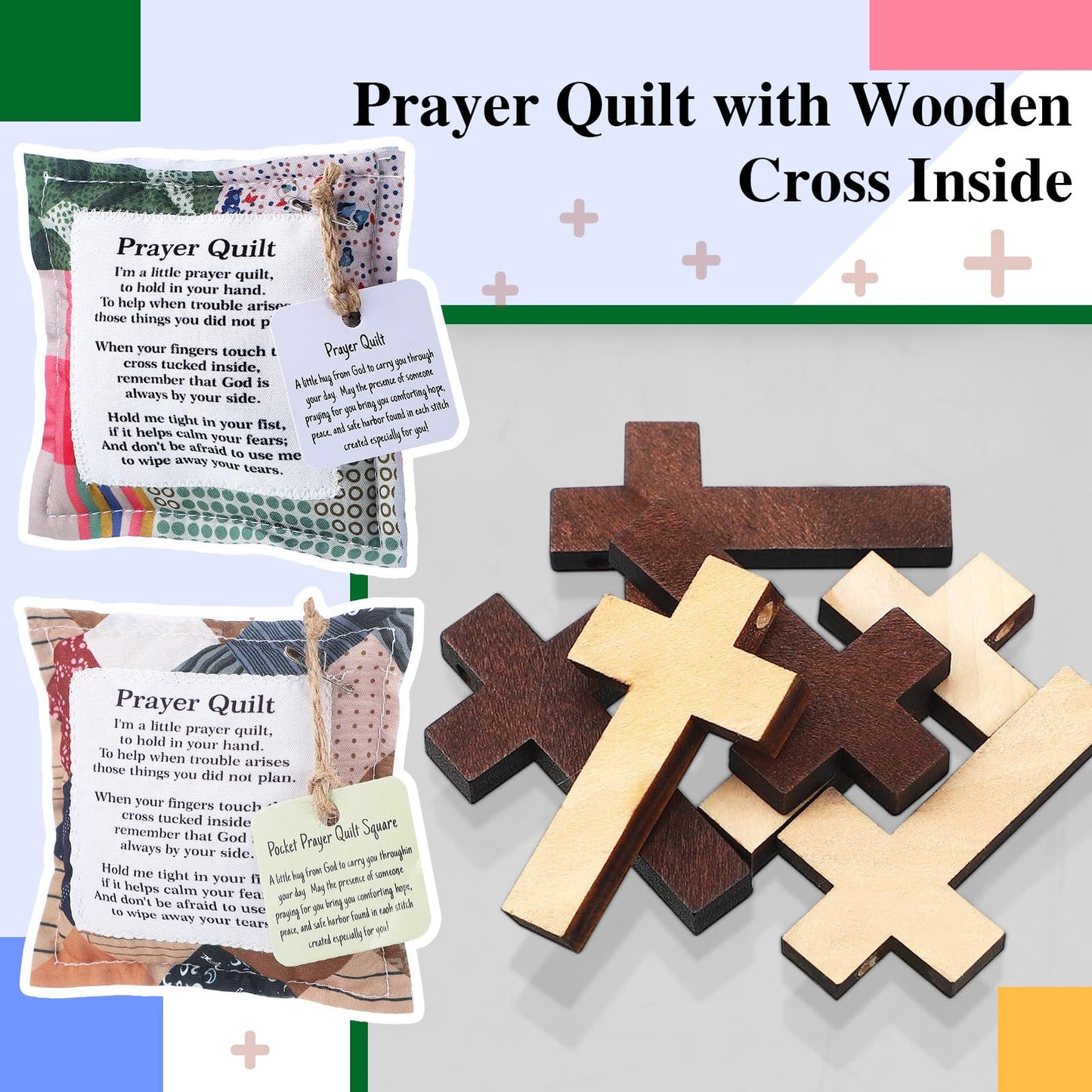 Fanfanwin 2 Pack Prayer Quilt with Cross, Mini Pocket Scripture Quilts for Women, Portable Christian Gifts for Encouragement, Pastor Appreciation Bereavement Gift(Classic)