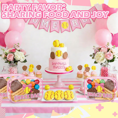 12 Pcs Softball Party Favors Pink Bow Softball Snack Bags Bulk Sport Gifts for Girls Team Soft Ball Goodie Bags Treat Clear Gift Bag for Girls Birthday Back to School, 7.87 x 5.9 x 2.36 Inch
