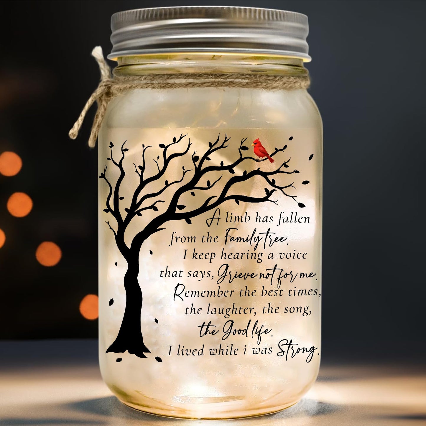 Memorial Gifts Mason Jar Light, Red Cardinal - Memory Gifts for Loss Loved Ones, Bereavement Gift Idea, Sympathy Loss of Mother, Dad, Son, Husband/Family Member A Limb Has Fallen From Our Family Tree