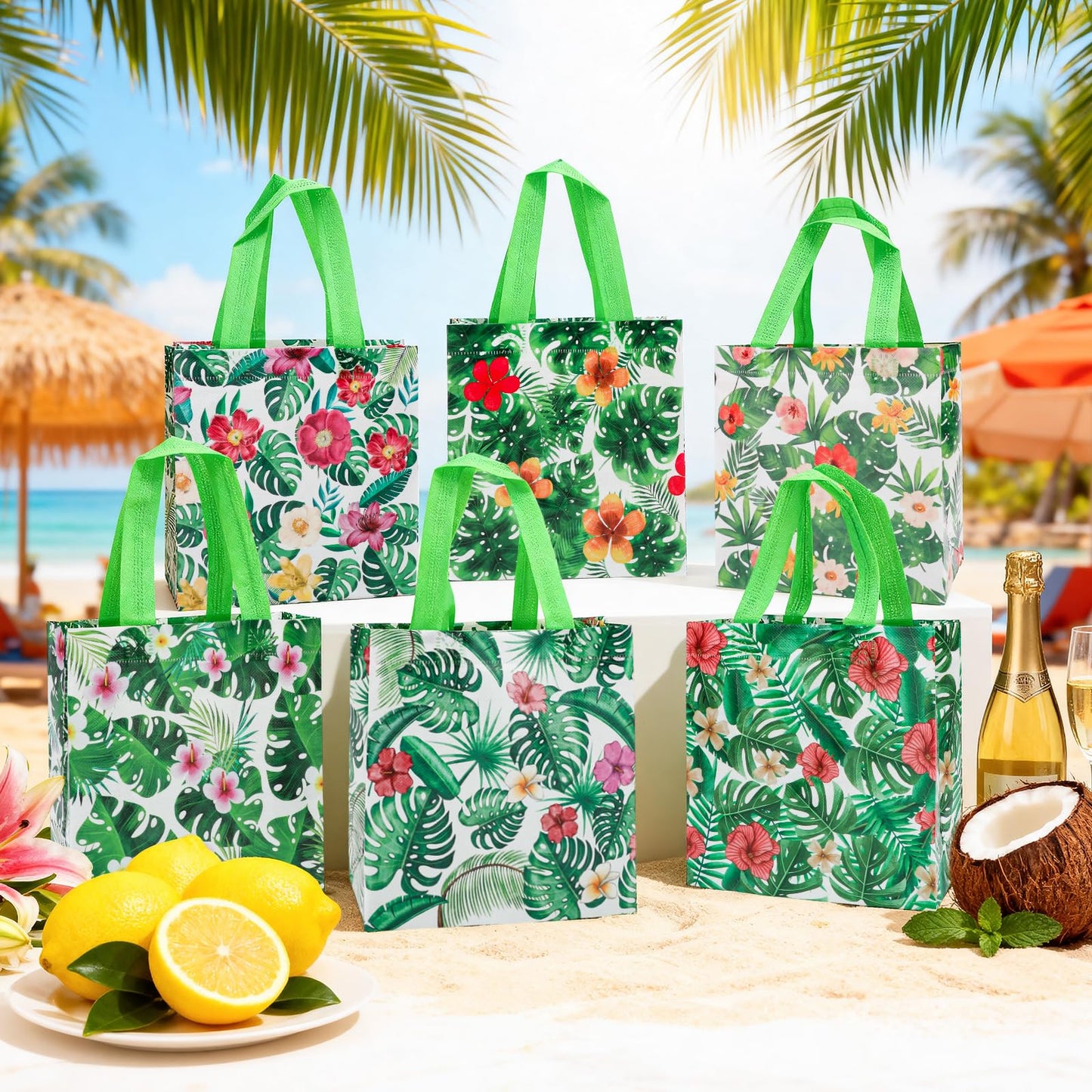 PHOGARY Reusable Gift Bag with Handle, 12PCS Hawaiian Aloha Bags, Non Woven Tropical Hawaii Luau Goodie Bag for Summer Beach Pool Birthday Party Favor Bags