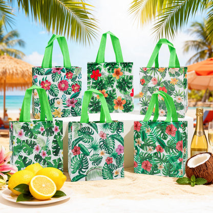 PHOGARY Reusable Gift Bag with Handle, 12PCS Hawaiian Aloha Bags, Non Woven Tropical Hawaii Luau Goodie Bag for Summer Beach Pool Birthday Party Favor Bags