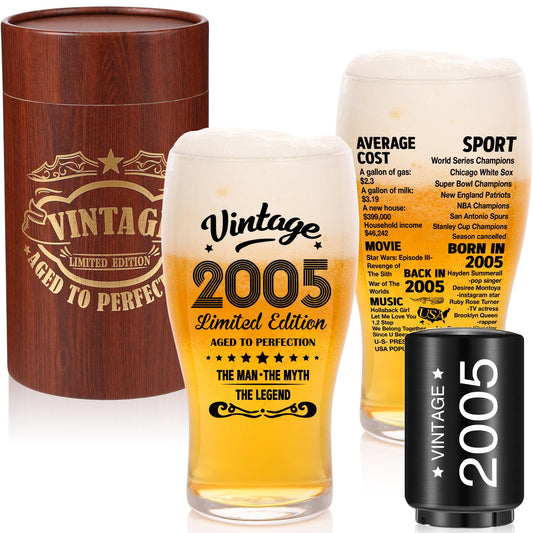 Unique 21st Birthday Gift For Man - Beer Glasses Gifts 20 Oz 2-Sided Beer Drinking Glass (1 Count) and Opener - Vintage 2005 Beer Glass，21st Birthday Decorations Party Supplies