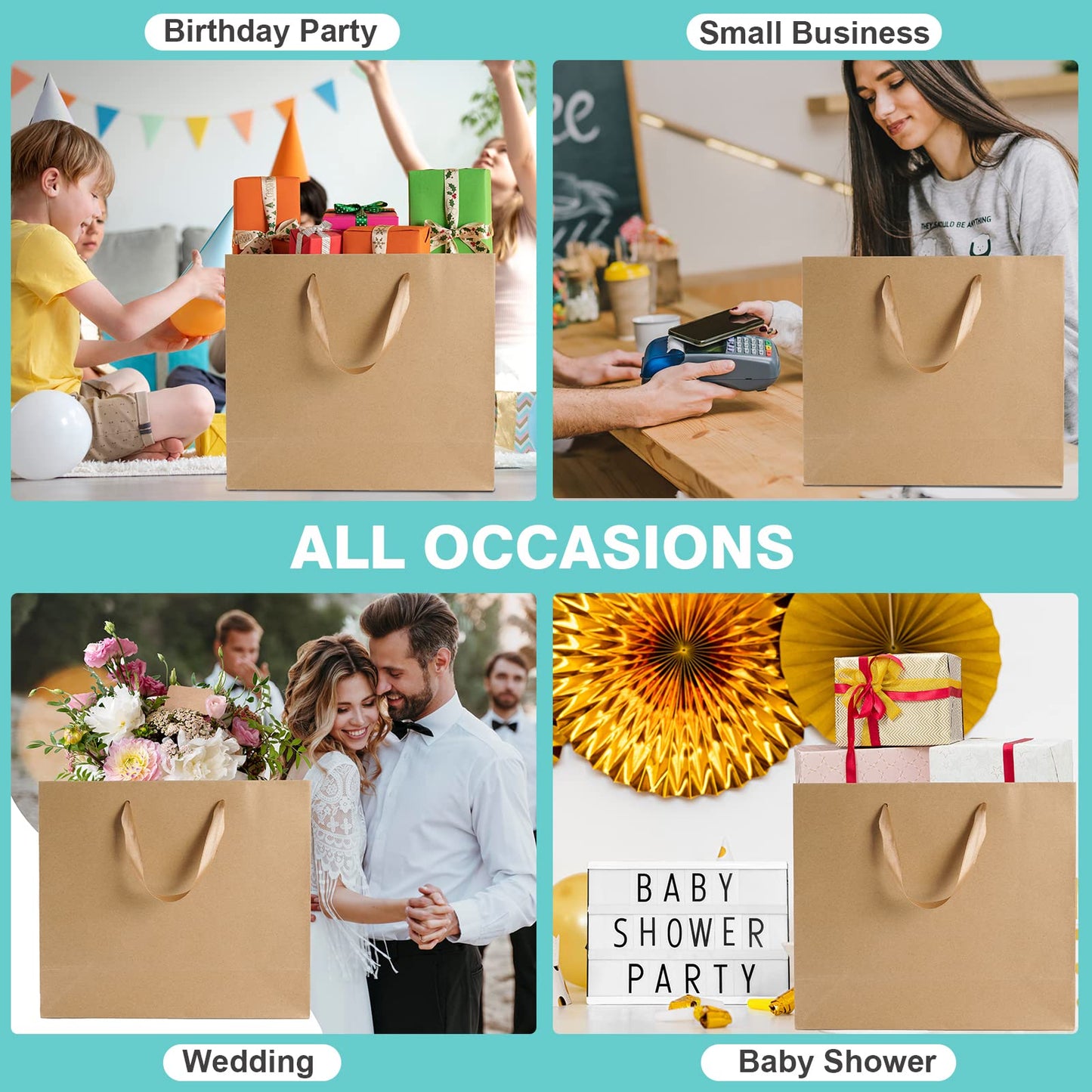 15.7" Extra Large Brown Gift Bags for Presents with Tissue Paper & Ribbon Handles for Shopping, Small Business, Birthday Party, Baby Shower, Bridal Party, Wedding, Christmas and Holiday (12 Packs)