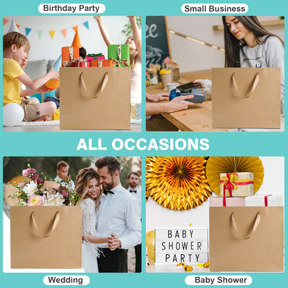 15.7" Extra Large Brown Gift Bags for Presents with Tissue Paper & Ribbon Handles for Shopping, Small Business, Birthday Party, Baby Shower, Bridal Party, Wedding, Christmas and Holiday (12 Packs)