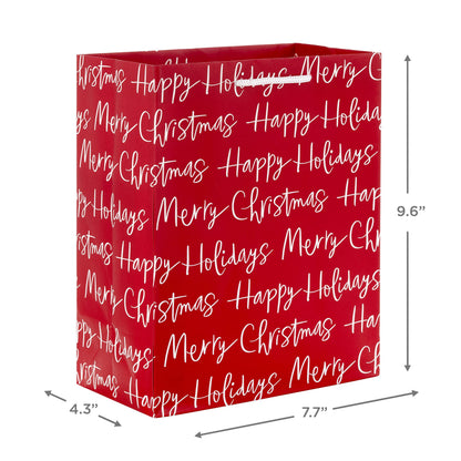 Hallmark 9" Medium Christmas Gift Bags (4 Bags: Snowy Tree, Rustic Farmhouse, Snowman, "Merry Christmas") in Gray, Red, White, Brown