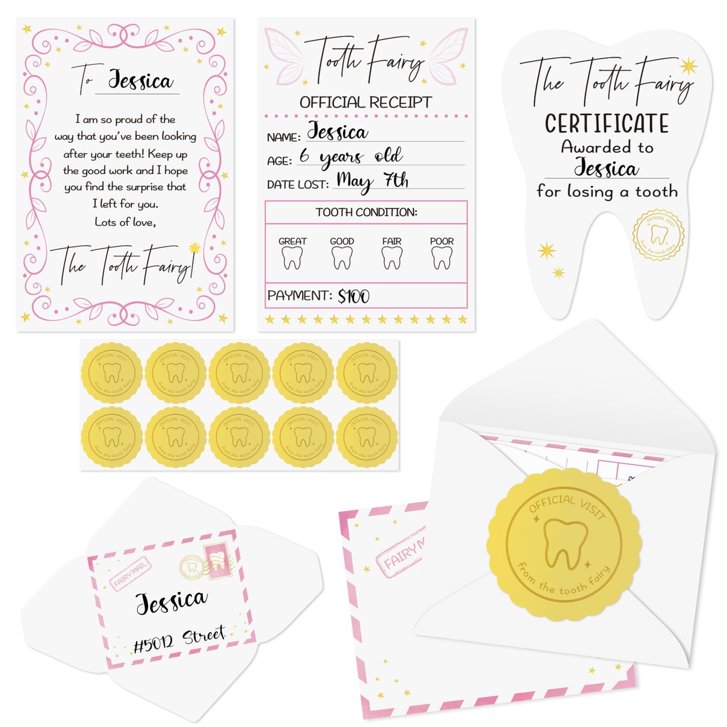 Mini Tooth Receipt Set - 20 Set Pink Tooth Cards with Envelope and Fairy Letter for Kids, Lost Teeth Certificate Keepsake Postmark Gift Bag with Seal Stickers for Girls Boys Home School Award