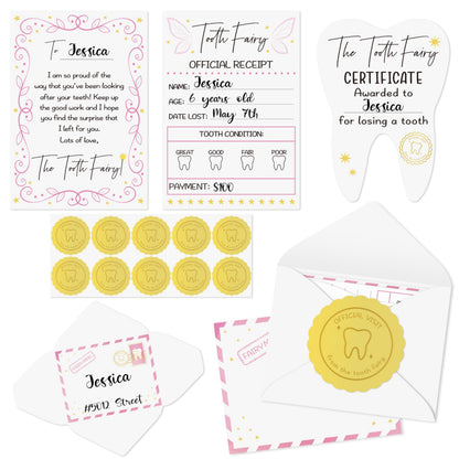 Mini Tooth Receipt Set - 20 Set Pink Tooth Cards with Envelope and Fairy Letter for Kids, Lost Teeth Certificate Keepsake Postmark Gift Bag with Seal Stickers for Girls Boys Home School Award