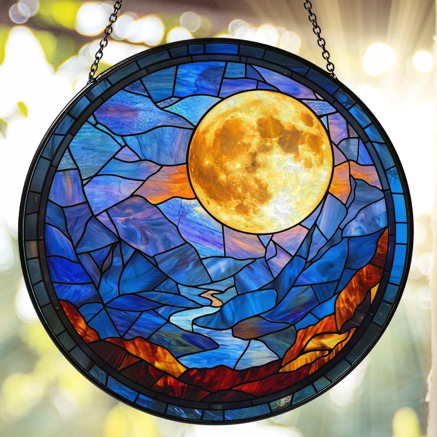 Full Moon Stained Glass Suncatcher, Celestial Window Hanging Decor with Lunar Crater Details, 7.87 Inch Sun Catchers Indoor Window, Mystical Night Sky Gift for Moon Lovers, Women, Men